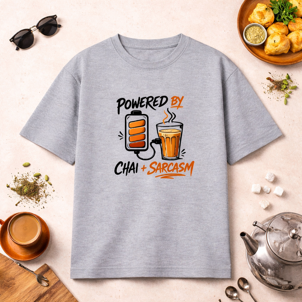 Powered by Chai & Sarcasm – Desi Humor Oversized Tee