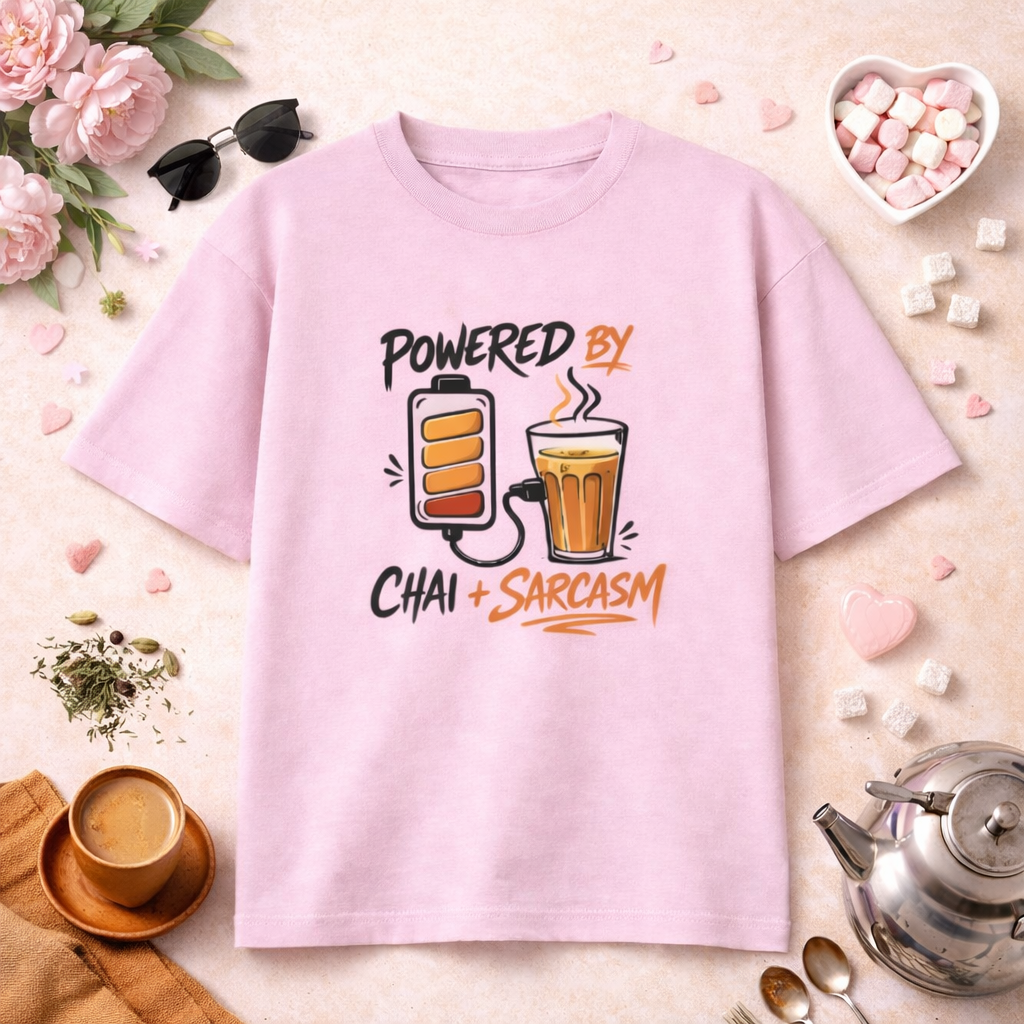 Powered by Chai & Sarcasm – Desi Humor Oversized Tee