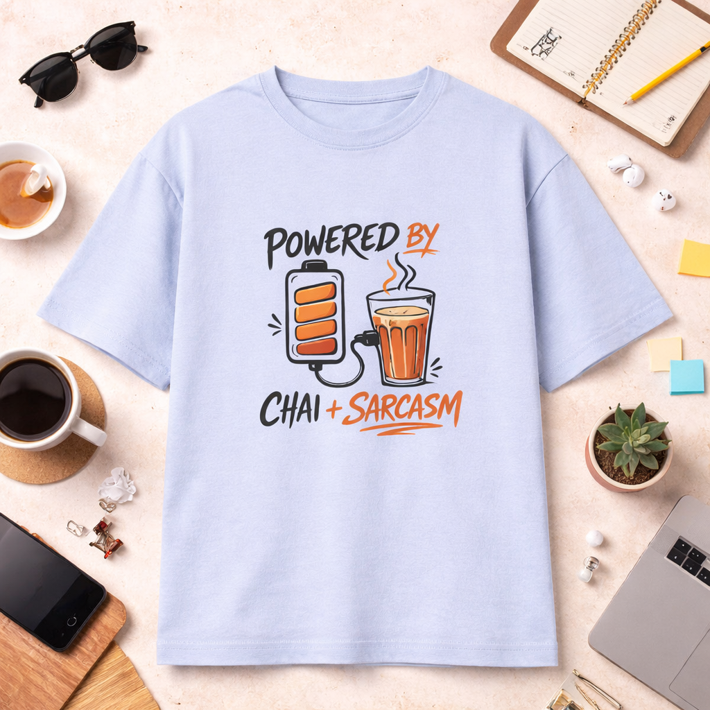 Powered by Chai & Sarcasm – Desi Humor Oversized Tee