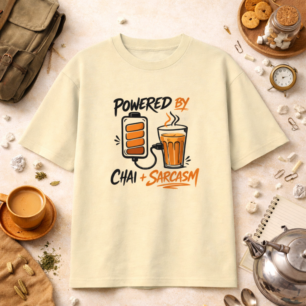 Powered by Chai & Sarcasm – Desi Humor Oversized Tee